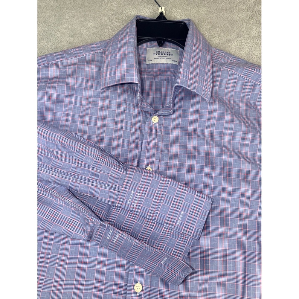 Charles Tyrwhitt Mens 17X35 French Cuffs Blue Red Glen Plaid Dress Shirt Spread